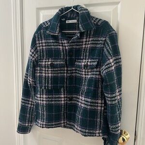 Zara Women's Tweed Lined Jacket Green Purple White Pockets NWOT size small